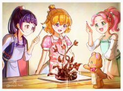  3girls aoi_hane apron aqua_apron aqua_eyes aqua_hairband asahina_mirai blonde_hair blue_skirt blush closed_mouth dress fairy flower green_skirt hair_flower hair_ornament hairband half_up_braid hanami_kotoha highres izayoi_liko long_hair mahou_girls_precure! medium_hair mofurun_(mahou_girls_precure!) multiple_girls off-shoulder_shirt off_shoulder open_mouth pink_eyes pink_hair pink_shirt ponytail precure puffy_short_sleeves puffy_sleeves purple_apron purple_dress purple_hair red_apron shirt short_sleeves signature skirt smile stuffed_animal stuffed_toy teddy_bear twitter_username violet_eyes white_shirt 