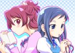  2girls aida_mana back-to-back blue_eyes blue_hair blush braiding_hair couple dokidoki!_precure hairdressing half_updo hishikawa_rikka kanoe long_hair mouth_hold multiple_girls pink_eyes pink_hair polka_dot polka_dot_background precure reading shadow short_hair yuri 