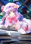  1girl book book_stack bookshelf bow capelet chize crescent dress floating_book hair_ribbon hat library long_hair long_sleeves open_clothes open_coat patchouli_knowledge pink_eyes purple_dress purple_hair ribbon solo striped striped_dress touhou tress_ribbon very_long_hair 