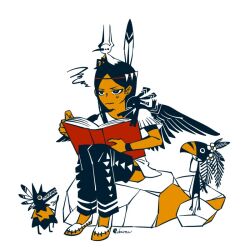  1boy black_eyes black_hair book creature creature_on_head eda feathered_wings full_body holding holding_book knees_up male_focus native_american original rock scribble simple_background sitting solo white_background wings 