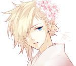  1boy bisukorokoro blonde_hair blue_eyes cherry_blossoms cloud_strife earrings final_fantasy final_fantasy_vii flower hair_flower hair_ornament hair_over_one_eye jewelry looking_at_viewer male solo trap 