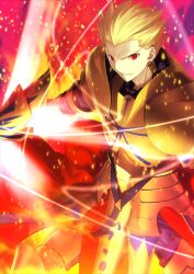 1boy armor armored_boots blonde_hair boots breastplate cape ea_(fate) earrings fate/grand_order fate_(series) faulds full_armor gauntlets gilgamesh_(fate) gold_armor gold_earrings hair_slicked_back holding holding_sword holding_weapon jewelry looking_at_viewer male_focus official_art pauldrons red_cape red_eyes short_hair shoulder_armor slit_pupils smile solo spiky_hair sword takeuchi_takashi third-party_source v-shaped_eyebrows waist_cape weapon 