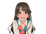  1girl blush bow brown_eyes brown_hair hair_bun idolmaster idolmaster_cinderella_girls long_hair looking_at_viewer shimamura_uzuki solo sweat sweater_vest tears unclasped wata_do_chinkuru 