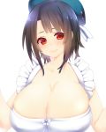  1girl black_hair breasts cleavage huge_breasts kantai_collection light_smile looking_at_viewer red_skin short_hair solo takao_(kantai_collection) yutazou 