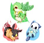  flame fur leaf no_humans oshawott pokemon pokemon_(creature) pokemon_(game) pokemon_bw snivy tepig viu water_drop 