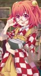  1girl adjusting_glasses apron bell blush book checkered clothes_writing glasses hair_bell hair_ornament japanese_clothes jingle_bell long_sleeves looking_at_viewer motoori_kosuzu open_mouth red_eyes redhead rimu_(kingyo_origin) romaji short_hair smile smoke solo touhou twintails wide_sleeves 