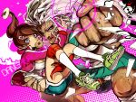  2girls aqua_eyes asahina_aoi_(dangan-ronpa) bandages breasts brown_hair carrying cleavage dangan_ronpa dark_skin doughnut food hair_ornament hairclip knee_pads kneehighs large_breasts mapi mouth_hold multiple_girls muscle ookami_sakura panties ponytail scar school_uniform serafuku shoes short_shorts shorts size_difference sneakers track_jacket underwear white_hair white_legwear white_panties 