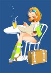  1girl belt briefcase chair crossed_legs drink earrings eyelashes eyeshadow fashion high_heels jewelry lipstick makeup nail_polish off_shoulder orangina original personification polka_dot reading shoes shorts simple_background sitting solo sunglasses sunglasses_on_head suzu_(sz07) t-shirt table 