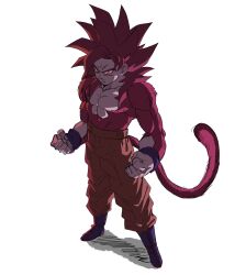  1boy absurdres blue_boots boots clenched_hands dragon_ball dragon_ball_daima full_body highres kazumax76 long_hair male_focus monkey_tail muscular muscular_male orange_pants pants red_eyes red_fur red_hair red_tail serious shadow simple_background solo son_goku spiky_hair super_saiyan super_saiyan_4 tail topless_male white_background 