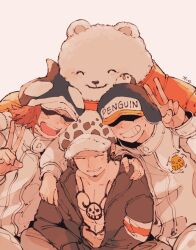  4boys ^_^ akuta_ji animal bear bepo black_coat blush_stickers chest_tattoo closed_eyes coat commentary_request facial_hair goatee hat heart_pirates_jolly_roger highres jumpsuit multiple_boys one_piece open_mouth orange_jumpsuit penguin_(one_piece) shachi_(one_piece) simple_background sunglasses tattoo trafalgar_law v white_jumpsuit 