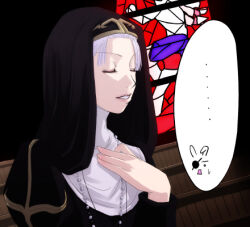  ... 1girl axe_assa black_coif black_dress church commentary_request cross cross_necklace dress grin indoors jewelry juliet_sleeves long_sleeves lowres mr.romance necklace nun pew priest_(ragnarok_online) puffy_sleeves ragnarok_online short_hair smile solo spoken_ellipsis stained_glass upper_body white_hair whitemaria 