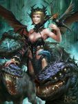  1girl blonde_hair breasts cleavage dcwj highres legend_of_the_cryptids pointy_ears short_hair wings yellow_eyes 