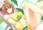  1girl ball bandeau breasts brown_hair cccpo chair flower hair_flower hair_ornament palm_tree short_hair sitting solo swimsuit takamiya_nasuno teekyuu tennis_ball tree violet_eyes 