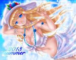  bikini blonde_hair blue_eyes boken_fantasy dated flower hat long_hair navel original sarong smile swimsuit 