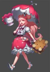  1girl bow cherry_blossom_cookie cherry_blossoms chocolazy cookie_run cookie_run:_kingdom highres holding humanization long_hair looking_at_viewer open_mouth parasol pink_eyes pink_hair pink_skirt pink_theme puffy_sleeves skirt smile solo two_side_up umbrella 