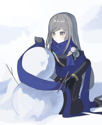  1girl absurdres bkornblume black_dress black_gloves blue_eyes blue_scarf closed_mouth dress feet_out_of_frame gloves grey_hair hand_up highres holding holding_scarf holding_unworn_clothes kneeling long_hair long_sleeves looking_at_object reverse:1999 san_(user_awan7845) scarf smile snow snowman solo straight_hair very_long_hair 