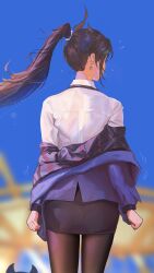  1girl absurdres asymmetrical_horns black_flower black_hair black_horns black_pantyhose black_skirt blue_jacket blurry blurry_background cowboy_shot demon_horns dress_shirt earrings floating_hair flower flying_sweatdrops from_behind hashtag-only_commentary highres hololive hololive_english horn_flower horns jacket jailbird_(nerissa_ravencroft) jewelry long_hair long_sleeves motion_lines multicolored_hair nerissa_ravencroft nerissa_ravencroft_(casual) off_shoulder office_lady official_alternate_costume official_alternate_hairstyle pantyhose pearl_hair_ornament pencil_skirt ponytail shirt skirt solo standing thekaiyip turning_head uneven_horns virtual_youtuber white_shirt 