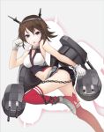  1girl anchor bare_shoulders blush breasts brown_hair chain cleavage gloves green_eyes kantai_collection kyoeiki large_breasts looking_at_viewer midriff mutsu_(kantai_collection) open_mouth personification red_legwear running short_hair sideboob skirt solo thighhighs white_gloves 