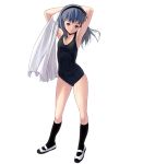  1girl armpits arms_up black_legwear blue_eyes blue_hair flat_chest hairband head_tilt kneehighs light_smile long_hair looking_to_the_side masao one-piece_swimsuit original shoes simple_background skindentation socks solo swimsuit towel white_background 