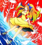  1girl anklet bare_legs blue_eyes bow breasts curtsey dress dutch_angle feet_in_water flower godxdog hair_bow high_heels high_ponytail jewelry long_hair orange_hair orangina original personification shoes soaking_feet water wink yellow_dress 