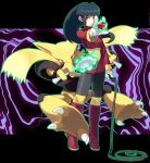  1girl alakazam aura black_hair black_legwear boots gloves hari_(kureon) letterboxed long_hair natsume_(pokemon) pantyhose poke_ball pokemon pokemon_(creature) pokemon_(game) pokemon_rgby red_eyes shirt spoon whip 