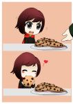  1girl blush cape chibi closed_eyes comic cookie cross eating food hands heart highres open_mouth plate redhead rouzille ruby_(rwby) ruby_rose rwby short_hair sparkle 