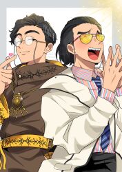  2boys absurdres bakugami_ryugi bakugami_ryugi_(cosplay) black_hair black_pants border brown_cloak cloak coat cosplay costume_switch cowboy_shot glasses grey_border hair_slicked_back heart highres jewelry kamen_rider kamen_rider_revice karizaki_george karizaki_george_(cosplay) male_focus mikkii_(tales329) multiple_boys no.1_sentai_gozyuger open_mouth pants pendant pink_shirt round_eyewear sharp_teeth shirt short_hair simple_background sunglasses super_sentai teeth tinted_eyewear white_background white_coat yellow-tinted_eyewear 