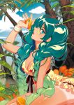  1girl aqua_eyes bracelet braid breasts cleavage clouds earrings food fruit green_hair hatsune_miku highres jewelry long_hair looking_at_viewer mey88 necklace orange sky solo sunglasses tree twin_braids twintails very_long_hair vocaloid 