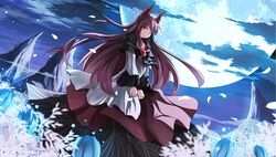  1girl animal_ears brooch brown_hair cloudy_sky dress flower full_moon highres imaizumi_kagerou jewelry long_hair long_sleeves looking_at_viewer moon night night_sky petals red_eyes risutaru shirt skirt sky solo tail touhou wide_sleeves wolf_ears wolf_tail 