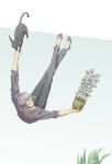  1boy cat falling gatchaman_crowds highres male o.d. pants plant purple_hair smile suneo_(goten) 