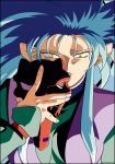  1girl 90s absurdres blue_hair highres incredibly_absurdres long_hair looking_at_viewer mask mask_removed official_art pointy_ears ryouko_(tenchi_muyou!) slit_pupils solo spiky_hair tenchi_muyou! yellow_eyes 