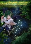  1girl antennae armband blouse fireflies foreshortening forest grass green_eyes green_hair highres light_trail mary_janes nature no_socks pennel raised_hand ripples shoes short_hair shorts smile solo touhou tree walking_on_water water wriggle_nightbug 