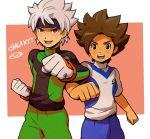  2boys brown_hair gloves goalkeeper headband ibuki_munemasa inazuma_eleven_(series) inazuma_eleven_go inazuma_eleven_go_galaxy lightning_bolt male matatagi_hayato mizuhara_aki multiple_boys open_mouth shinsei_inazuma_japan simple_background soccer_uniform white_background 