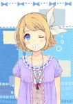  1girl arms_behind_back blonde_hair blue_eyes blush bow collarbone flower hair_bow jewelry kagamine_rin mouth_hold necklace ousaka_nozomi short_hair solo vocaloid wink 