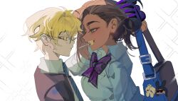  1boy 1girl absurdres alien_stage bag blonde_hair bow bowtie brown_hair candy claw_hair_clip collared_shirt colored_eyelashes commentary dark-skinned_female dark_skin english_commentary food food_in_mouth glasses grey_eyes highres holding holding_bag hyuna_(alien_stage) lollipop long_hair long_sleeves luka_(alien_stage) mouth_hold necktie school_uniform shirt short_hair smile striped_bow striped_bowtie striped_clothes striped_necktie white_shirt xian_qishui yellow_eyes 