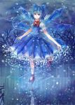  1girl bare_tree blue blue_dress blue_hair bow bowtie cirno dress eityse_(rinsy) full_body hair_bow ice ice_wings short_hair solo standing_on_one_leg touhou tree wings 