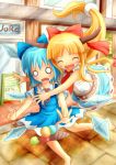  2girls ascot barefoot belt blonde_hair blue_hair blush_stickers cirno closed_eyes dress food horns ibuki_suika ice_cream ice_cream_cone incipient_hug leaping long_hair low-tied_long_hair multiple_girls o_o open_mouth outstretched_arms path road shoes short_hair sign siro_(doraemon40th) skirt sleeveless sleeveless_shirt storefront tears touhou very_long_hair wings 