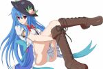  1girl :p blue_hair boots cross-laced_footwear food fruit hat hinanawi_tenshi hirame_sa long_hair looking_at_viewer panties peach red_eyes simple_background solo tongue touhou underwear white_background white_panties 