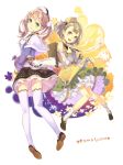  2girls 4th atelier_(series) atelier_escha_&amp;_logy braid brown_hair character_name dress escha_malier frills green_eyes hat looking_back lucille_ernella multiple_girls pink_hair shoes short_hair skirt smile socks thigh-highs twintails white_legwear yellow_eyes 