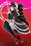  1girl absurdres black_hair black_legwear bonnet celestia_rudenberk dangan_ronpa drill_hair gothic_lolita highres lolita_fashion long_hair necktie red_eyes skirt solo thigh-highs twin_drills 