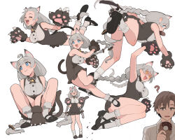  1boy 1girl ? ahoge alternate_costume animal_ears animal_hands black_shoes blue_eyes braid brown_eyes brown_hair cat_ears cat_tail cevio chocolate_donut commentary_request doughnut dress food gloves grey_hair highres holding holding_donut holding_food kizuna_akari long_hair mary_janes mouth_hold multiple_views paw_gloves shirinda_fureiru shoes simple_background socks sparkling_eyes tail takahashi_amato twin_braids very_long_hair voiceroid white_background white_socks 