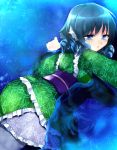  1girl animal_ears anmiko blue_eyes blue_hair breasts head_fins japanese_clothes kimono long_sleeves mermaid monster_girl obi on_stomach open_mouth partially_submerged short_hair solo touhou wakasagihime water wide_sleeves 