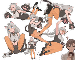  1boy 1girl ? ahoge alternate_costume animal_ears animal_hands black_shoes blue_eyes braid brown_eyes brown_hair cat_ears cat_tail cevio chocolate_donut commentary_request doughnut dress food gloves grey_hair highres holding holding_donut holding_food kizuna_akari long_hair mary_janes mouth_hold multiple_views orange_pantyhose pantyhose paw_gloves pinstripe_pantyhose shirinda_fureiru shoes simple_background sparkling_eyes tail takahashi_amato twin_braids very_long_hair voiceroid white_background 