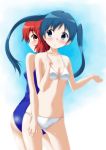  2girls back-to-back blue_eyes green_hair highres inokuma_youko kaze_makase kin&#039;iro_mosaic komichi_aya multiple_girls one-piece_swimsuit red_eyes redhead swimsuit twintails 