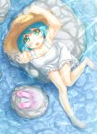  1girl arm_support barefoot blue_hair blush green_eyes hat highres legs looking_up original sandals shoes_removed short_hair sitting soaking_feet solo straw_hat water 