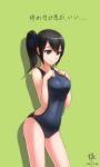  1girl black_hair blue_eyes blush breasts clothed_navel competition_swimsuit free! genderswap long_hair nanase_haruka_(free!) one-piece_swimsuit ponytail qingmingtongzi smile solo swimsuit translation_request 