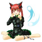  1girl animal_ears cat_ears cat_tail ghost hair_ribbon paw_pose red_eyes redhead ribbon sitting solo tail touhou wariza 