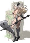  1girl amazon_(dragon&#039;s_crown) armlet armor ass bikini_armor blonde_hair blue_eyes boots breasts circlet dragon&#039;s_crown feathers gloves greaves halberd long_hair looking_at_viewer looking_back polearm saitom solo weapon 