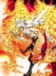  1girl baggy_pants boots cross-laced_footwear fiery_wings fire flame fujiwara_no_mokou hair_over_one_eye hair_ribbon long_hair pants ribbon sleeveless solo standing_on_one_leg touhou wakanita white_hair wings 