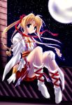  1girl 90s artist_request blonde_hair boots cross cross-laced_footwear gloves kaitou_jeanne kamikaze_kaitou_jeanne kusakabe_maron long_hair lowres moon moonlight night night_sky rooftop sitting skirt sky solo source_request star_(sky) starry_sky white_boots white_gloves 